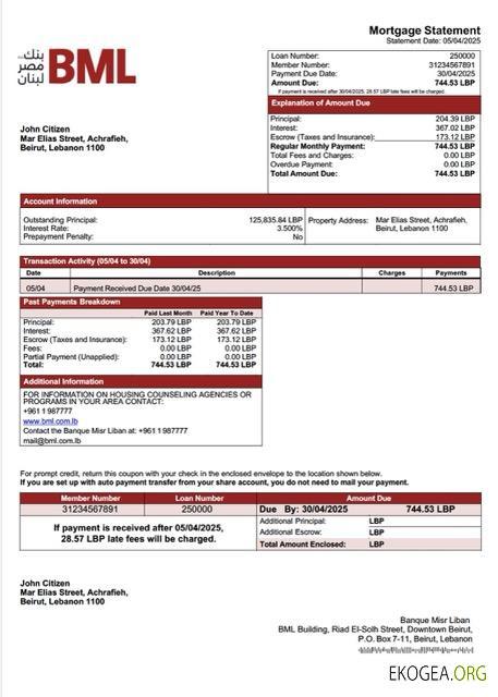 Liban Banque Misr Liban Relevé hypothécaire Modèle Word et PDF